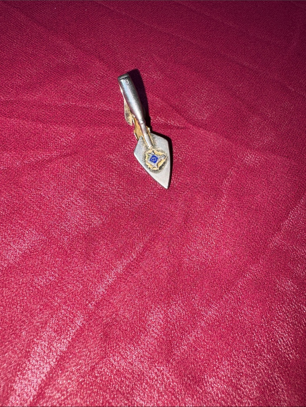 Vintage Masonic Trowel Tie Clip - Silver tone  & Gold tone with Blue Emblem